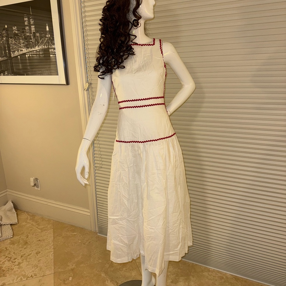 Elegant White and Red Trim Dress